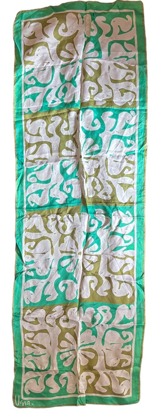 Vintage Vera Neumann Signed Oblong Scarf Green Ivory Abstract 15x44 Hand Rolled